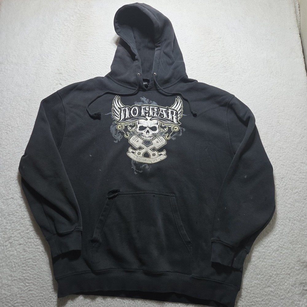 Y2K No Fear Hoodie Mens 2XL Black Skull Piston Graphic Pullover Faded Distressed